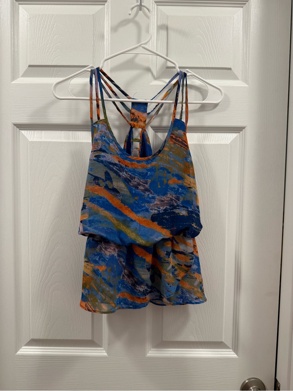 Under Skies Women’s Abstract Blue & Orange Strappy Women's Tank Top size Small